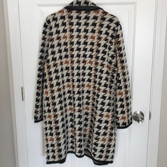 Ann klein Longline Houndstooth Faux Leather Trim Sweater Cardigan Jacket Size XL - Picture 2 of 5